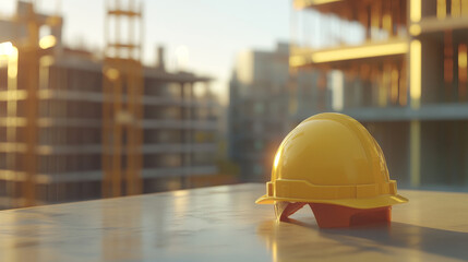 Wall Mural - yellow hard hat rests on table at construction site, symbolizing safety and progress in building projects. background features blurred construction structures, enhancing industrial atmosphere