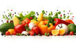 © Worakit - Fresh vegetables and fruits arranged vibrantly, showcasing colorful assortment including peppers, tomatoes, lettuce, and herbs, creating lively and healthy display