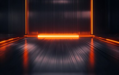 Poster - A sleek, modern corridor illuminated by an orange glow, creating a futuristic atmosphere with clean lines and reflective surfaces.