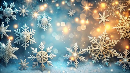 A Festive Winter Scene of Sparkling Snowflakes on a Blue and Gold Background