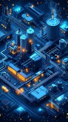 Fototapete - A 3D isometric illustration of a futuristic industrial complex with glowing lights and pipes.