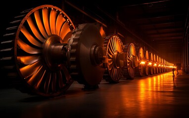 Fototapete - A row of large turbine components illuminated by warm light in a dimly lit industrial setting, showcasing intricate designs and engineering.