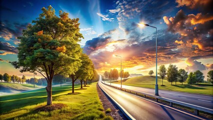 Poster - Captivating Double Exposure Photography of a Road with Median Barrier and Light Pole, Blending Urban Landscapes and Nature for a Unique Visual Experience