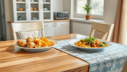 dining table in home with two plates of  hot food waiting highlighted by white, png