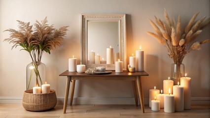 Wall Mural - Cozy Beige Room with Candlelit Table, Elegant Mirror, and Empty Mockup Frame for Serene Interior Decor Inspiration