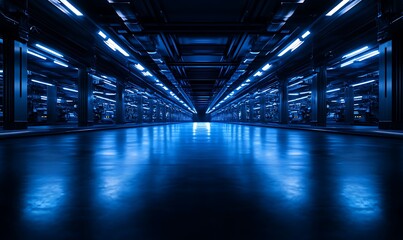 Poster - A futuristic, dimly lit corridor featuring blue lighting, creating an ambiance of technology and mystery.