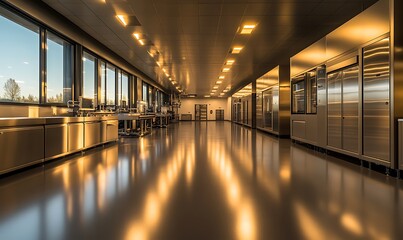 Fototapete - A spacious, modern building interior featuring polished floors, large windows, and bright lighting, reflecting a warm and inviting atmosphere.