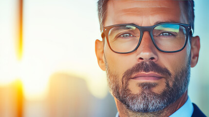 Wall Mural - Close-up portrait of a man in glasses looking directly at the camera.