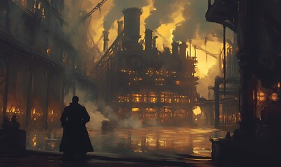 Poster - A dark, industrial scene illuminated by fiery lights, showcasing smokestacks and eerie shadows, evoking a sense of mystery and power in a steampunk setting.
