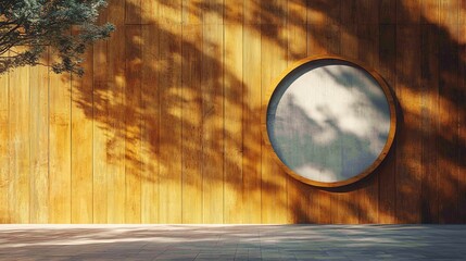 Poster - A circular window set in a wooden wall with sunlight casting shadows.