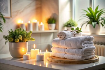 Sticker - Relaxing Spa Towel Stack on Elegant White Table in Luxurious Bathroom Interior with Soft Ambient Lighting Creating a Serene and Inviting Atmosphere for Ultimate Relaxation