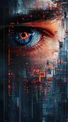 Aufkleber - A close-up of a blue eye with digital code overlayed on it.