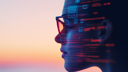 Silhouette of a woman with glasses, digital code and icons overlayed.