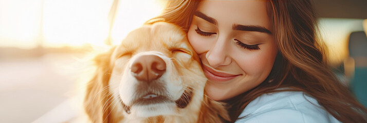 Poster - A young woman smiles as she hugs her dog, both with their eyes closed.