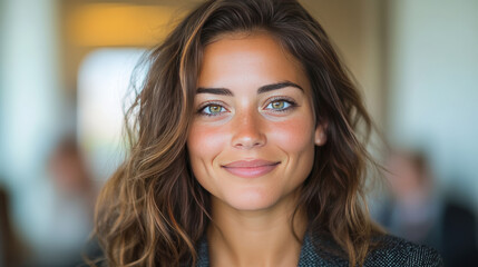 Wall Mural - Young woman with long brown hair smiles for the camera.