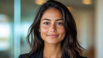 Wall Mural - Smiling woman with long dark hair and brown eyes.