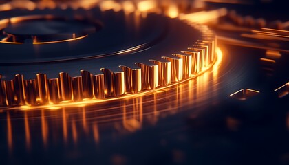 Leinwandbilder - A close-up view of an intricate metallic gear, illuminated with warm lighting, showcasing reflective surfaces and fine details.