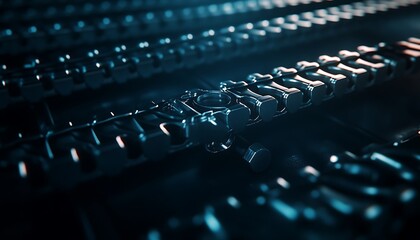 Aufkleber - A close-up view of intricate, interconnected mechanical components with a glowing blue hue, emphasizing depth and detail.