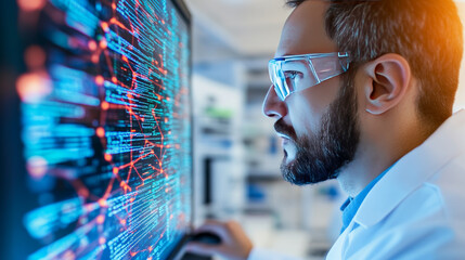 A man in a lab coat and safety glasses looks intently at a computer screen filled with code.