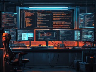 Leinwandbilder - A dark room with a desk and five monitors displaying computer code.