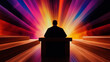 © Vertigo Images - Silhouette of a judge sitting on a wooden dais with a colorful abstract background.