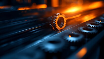 Aufkleber - A close-up of a metallic gear on a dark surface, illuminated by warm orange light, emphasizing industrial design and technology.