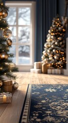 Wall Mural - Cozy Christmas living room with decorated trees, golden ornaments, and wrapped gifts by a frosty window, creating a warm and inviting holiday atmosphere.