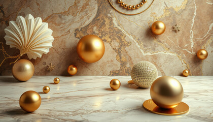 Elegant marble and gold ball decorations create luxurious atmosphere, showcasing various shapes and textures on marble surface. Perfect for festive settings