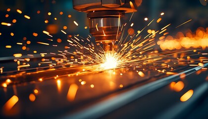 Leinwandbilder - A high-tech laser cutting machine emits bright sparks as it processes metal surfaces, showcasing precision and advanced manufacturing techniques.