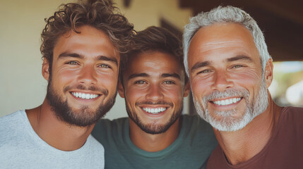 Wall Mural - Three generations of men smile brightly for the camera.