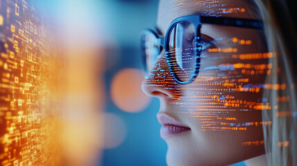 A woman wearing glasses looks intently at a screen with digital code overlayed.