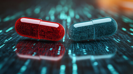 Red and blue pills on a digital background.