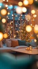 Wall Mural - Cozy winter living room with twinkling Christmas tree and soft bokeh lights creating a warm, magical atmosphere. Inviting sofa and candles add to the festive charm.