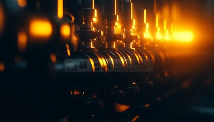 Aufkleber - The image showcases a series of illuminated pipes in a dimly lit environment, highlighting the interplay of metal and warm light.