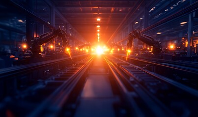 Fototapete - A futuristic industrial setting featuring robotic arms and bright illumination, conveying advanced technology and automation in manufacturing.