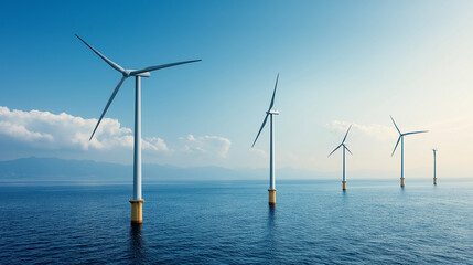 Poster - sustainable energy farm featuring wind turbines generating clean energy over ocean. serene landscape showcases harmony between technology and nature