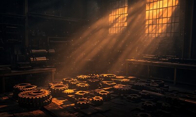 Poster - A dimly lit workshop with sunlight streaming through windows, illuminating a floor scattered with gears and mechanical parts.