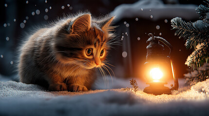 Poster - curious cat gazes at warm lantern in snowy landscape, evoking cozy Christmas atmosphere. soft glow contrasts beautifully with winter scene