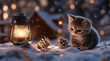 Poster - playful kitten explores snowy landscape, illuminated by warm lantern glow, surrounded by pinecones, evoking cozy Christmas atmosphere