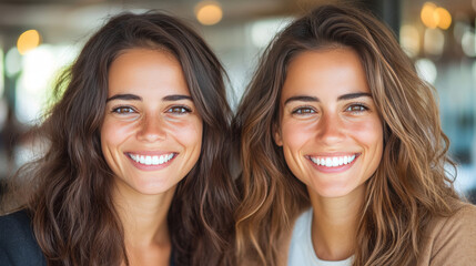 Wall Mural - Two young women with long, dark hair, smile brightly at the camera.