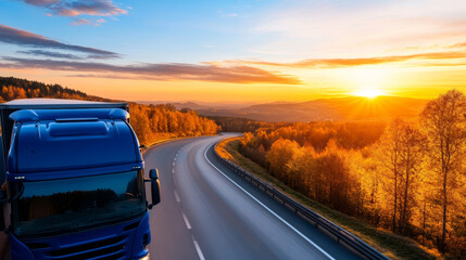 Canvas Print - Blue semi-truck drives on a winding road through autumn foliage at sunset.