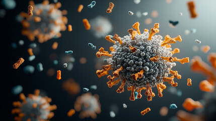 Poster - Microscopic view of pathogens with glowing accents, showcasing intricate details and vibrant colors. This highlights complexity of microorganisms in captivating manner
