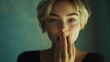 © cynz - Wide angle, Lifestyle photo of a woman feeling embarrassed, cheeks slightly flushed and covering her mouth with one hand, 4k resolution, Plain background, cinematic scene
