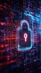Aufkleber - A glowing padlock icon hovers over a digital background of blue and red lines.
