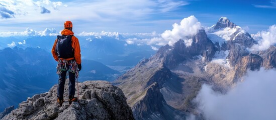 Wall Mural - a hiker stands on a rocky mountain peak, looking out at a breathtaking view of the snow-capped peaks
