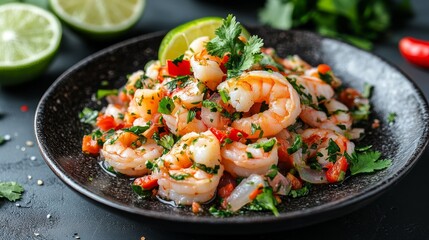 A fresh ceviche with shrimp in plate, Gourmet and healthy seafood salad