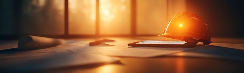 Aufkleber - A cozy, softly lit workspace featuring papers and a glowing orange object, creating a warm and inviting atmosphere.
