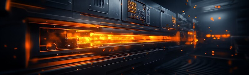 Poster - A futuristic, glowing corridor with vibrant orange light on metallic surfaces, evoking a high-tech, sci-fi atmosphere.