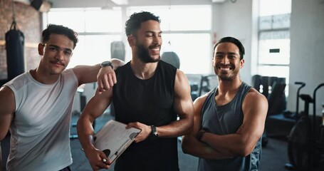 Wall Mural - Face, fitness team or happy men in gym for invitation, join us or sign up on clipboard. Portrait, smile or confident friends at workout club with gesture to call, welcome or attention for body health