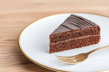 A slice of chocolate cake on a white plate with a gold fork next to it